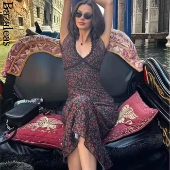 2025 Elegante abito in pizzo per l'estate Scollo a V Abito da festa da donna a maniche corte midi rosa Abiti da festa con stampa floreale