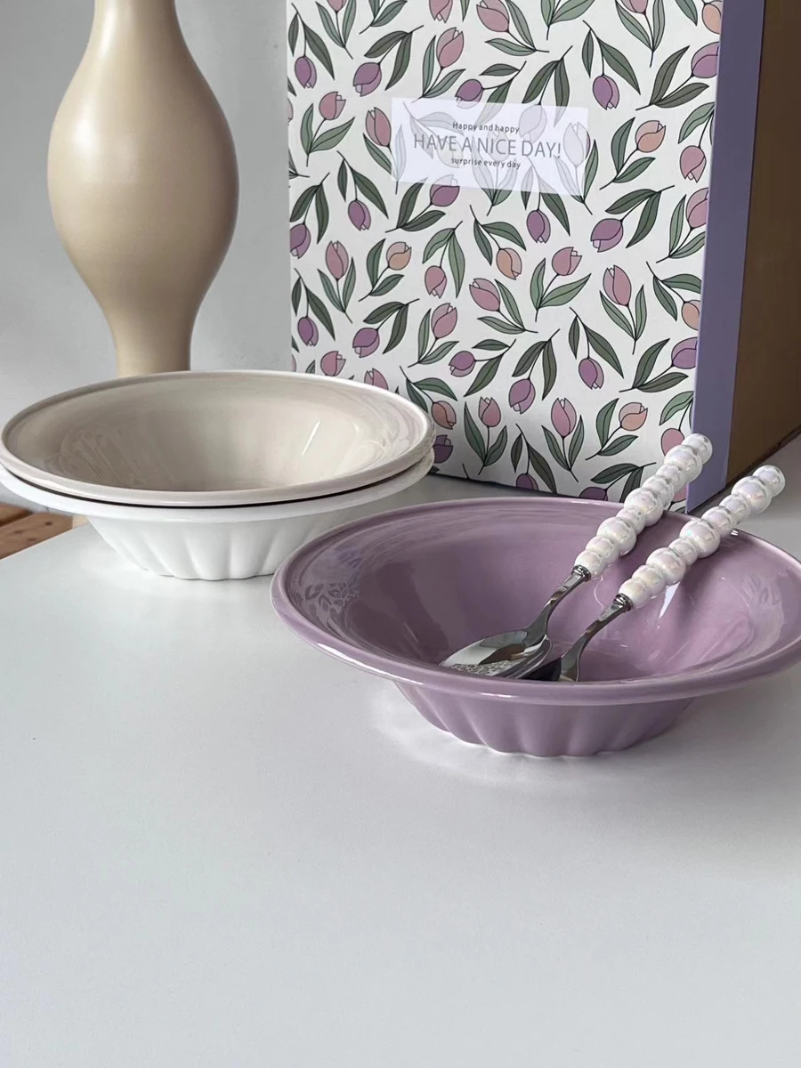 Round Ceramic Deep Plate Fruit Vegetable Salad Straw Hat Disc Korean Solid Colour Pasta Dinner Platter Western Corn Chowder Dish