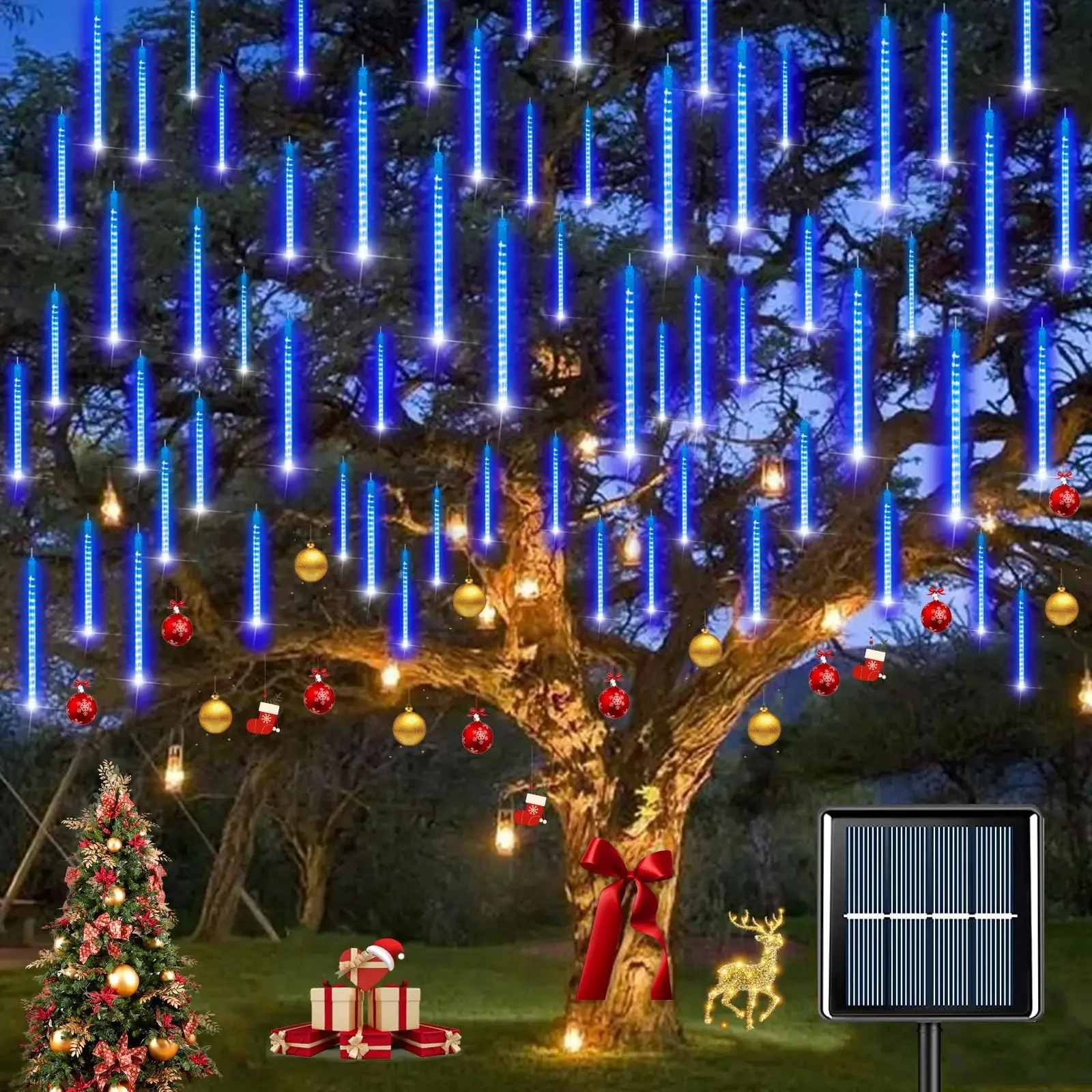 Solar Christmas Lights Outdoor 8 Tubes 192 LED Solar Meteor Lights 30cm Falling Rain Lights for Tree Holiday Roof Xmas Decor