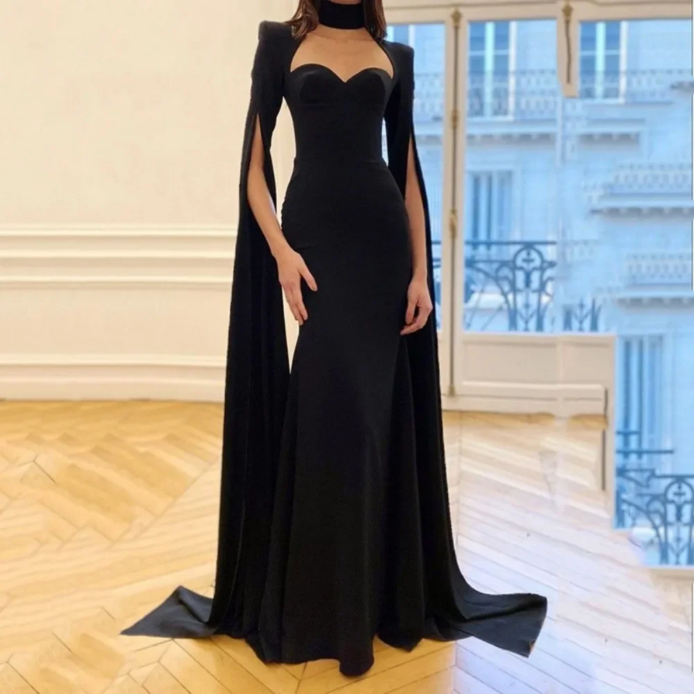 

Saudi Arabia Elegant Black Mermaid Evening Dresses Floor-length Party Dress Shawl Sweetheart Prom Gowns Slit Sleeve Vestidos