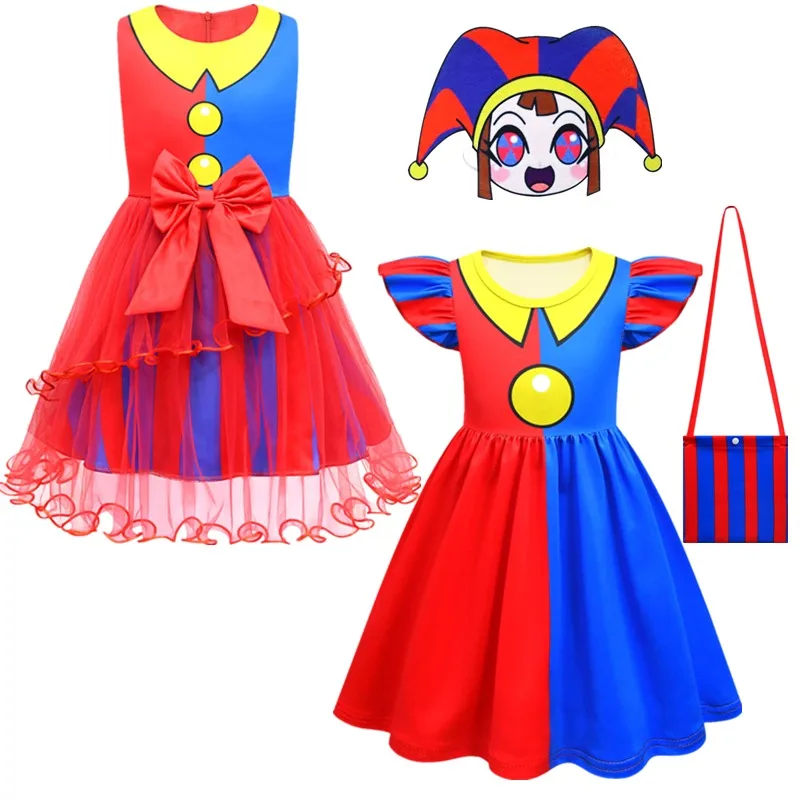 The Amazing Digital Circus Pomni Kids Costume Cosplay Girls Princess Dress Bag Mask Bambini Halloween Cartoon Summer Dress