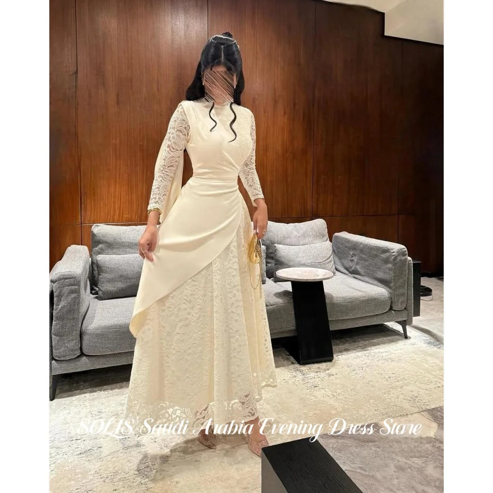 SOLIS Ivory Evening Gown High Neck Lace Formal Prom Dress with Asymmetrical Overlay Floor-Length Party Gown For Women Customized 2