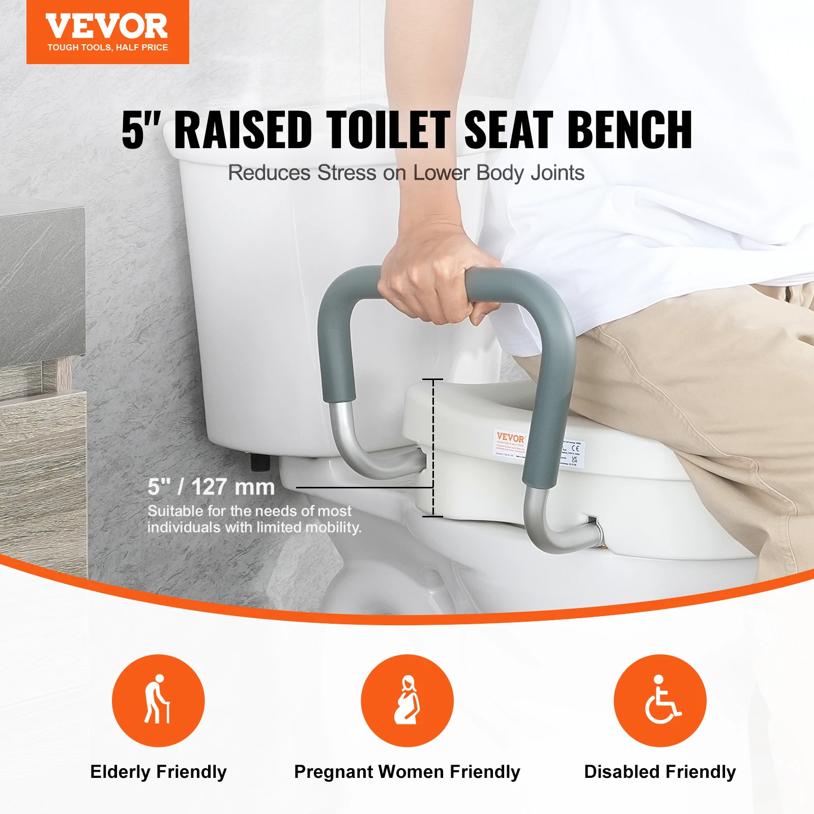 VEVOR Raised Toilet Seat 5" Height Raised 350 lbs Weight Capacity Round Elongated Toilet Twist Lock Installation Elderly toilet seat cover toilet seat accessories