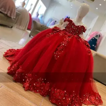 Customized Red Flower Girl Dresses for Wedding With Bow Crystal Lace Appliques Girl First Communion Kids Birthday Party Gowns 1