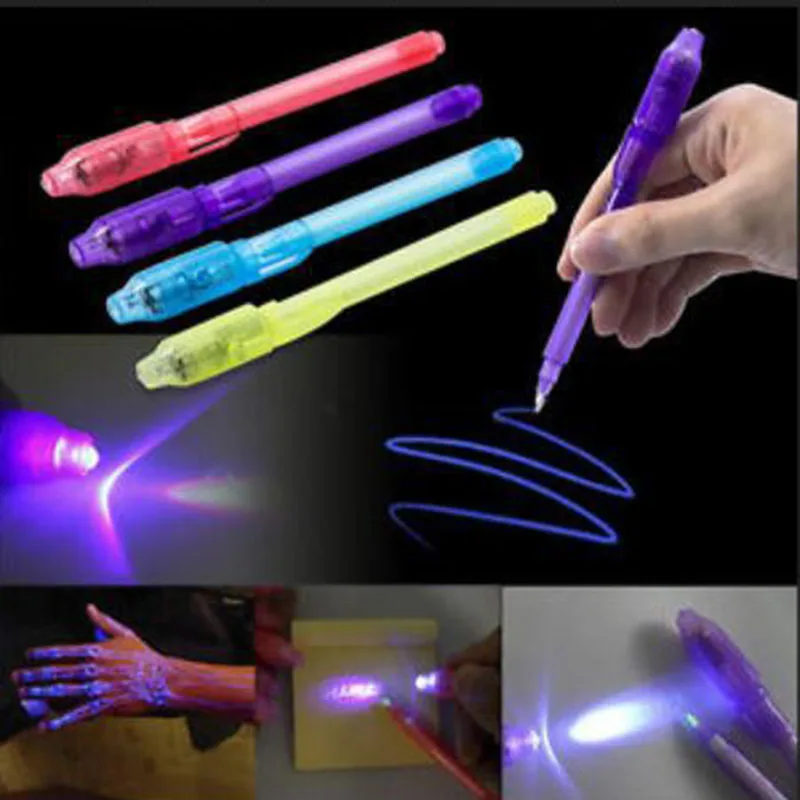 Juego de bolígrafos luminosos 2 en 1 para niño, set de 4 unidades de bolígrafos luminosos, color morado mágico, Combo de luz negra UV, tinta Invisible, juguetes educativos de aprendizaje