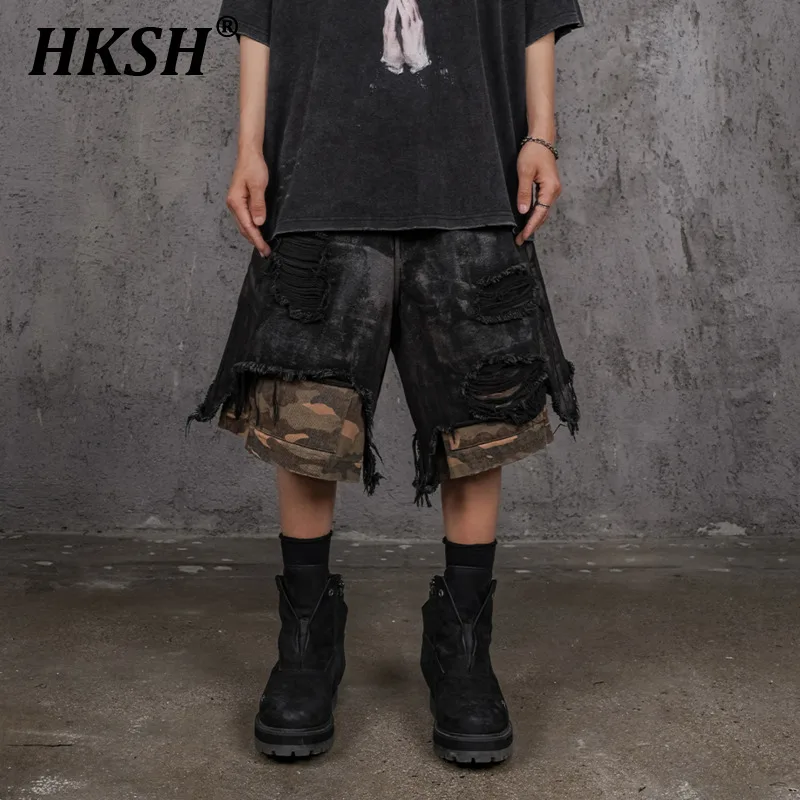 

HKSH Spring Summer 2024 Waste Land Tide Fake Two Pieces Shorts Damaged Spliced Camo Multi Pockets Loose Punk Dark Capris HK1499