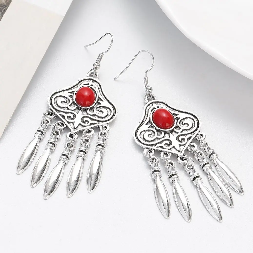 Jhumka-pendientes étnicos Vintage de piedra Natural para mujer, aretes tallados geométricos chapados en plata antigua, joyería de borla para fiesta