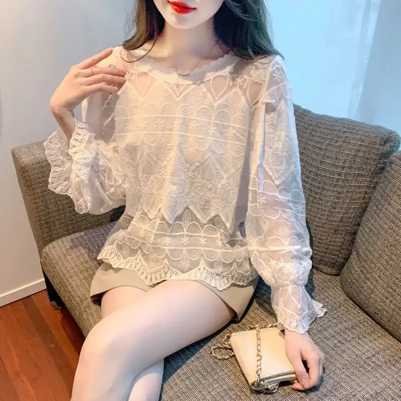 여성용 긴팔 쉬폰 탑, 레이스 에지 베이스레이어 이너, 스타일리시 작은 셔츠, 용수철 가을 신상