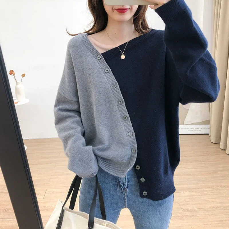 

Winter Button Ladies Sweaters Pullovers Blue Grey Splicing Knitted Top for Women Y2k Vintage Korean Fashion Korea Economics Warm