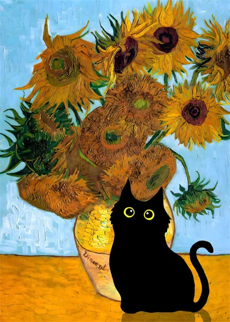 Van Gogh & Monet Inspired Cat Canvas: Starry Night and Sunflowers Wall Art