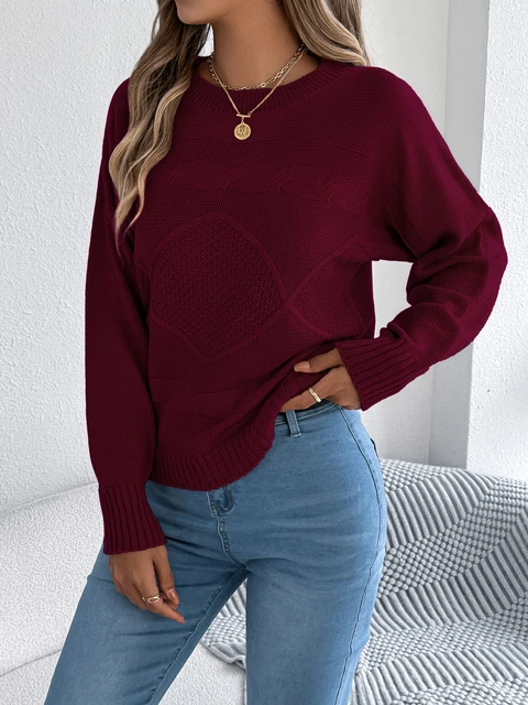 Jersey liso con cuello redondo para mujer, suéter de manga larga para otoño e invierno, Top de punto listo para vacaciones