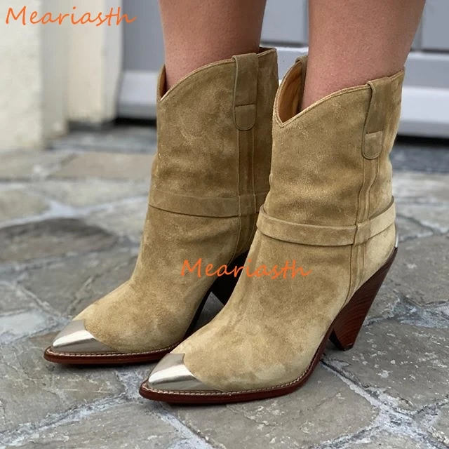 

2022 Metal decor pointed toe ankle boots genuine leather spike high heel slip-on chelsea boots runway shoes women cowboy boots