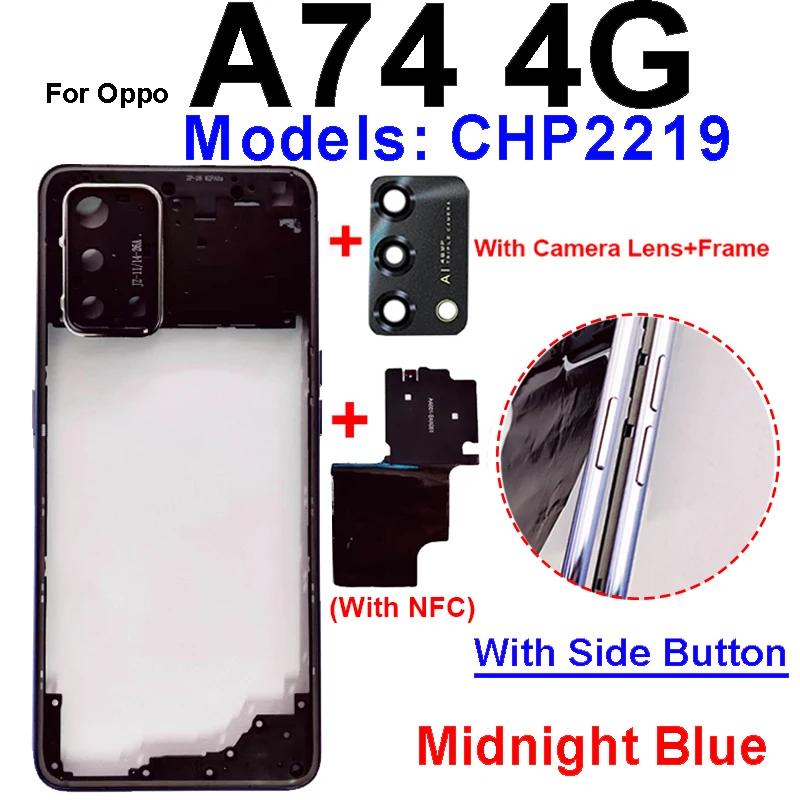 OPPO A74 A76 4G 5G 용 미들 프레임 하우징 커버 베젤, 측면 단추 카메라 렌즈 프레임 부품