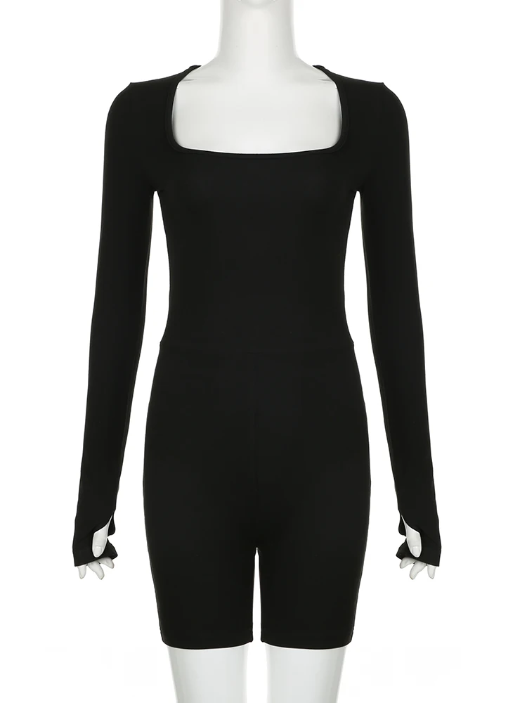 IAMSURE Sexy Slim Hollow Out Playsuits Basic Skinny Square Collar Long Sleeve Rompers Women 2023 Autumn Spring Fashion Ladies