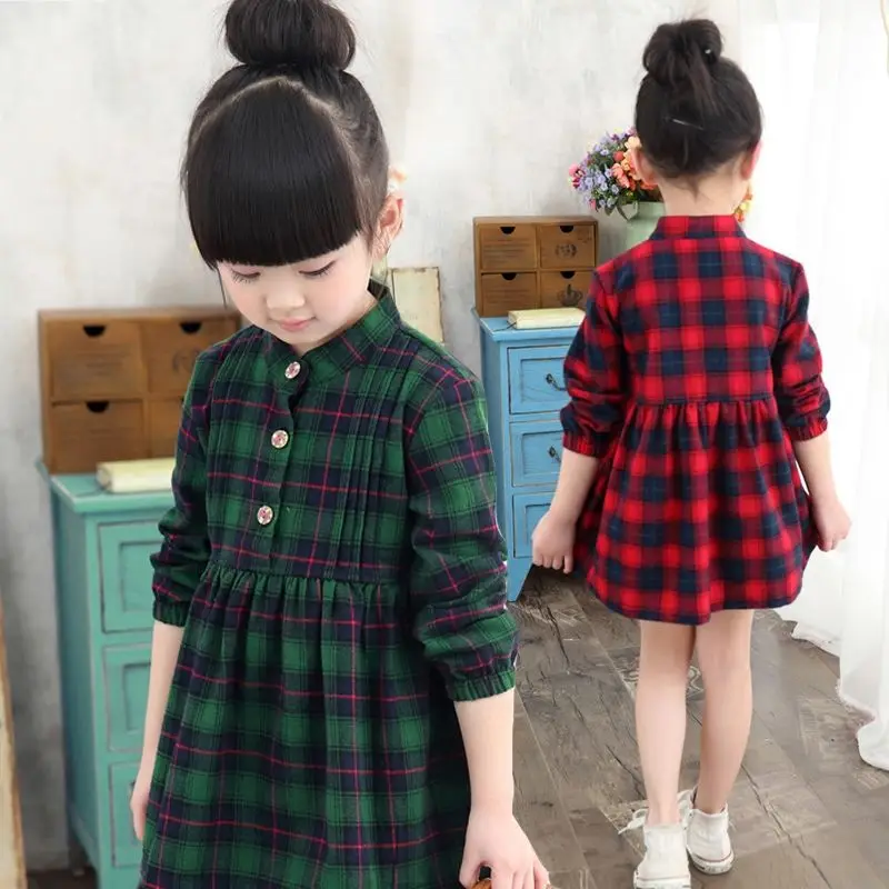 

2022 Summer Girl Dress Fashion Plaid Shirt Dress for Girls Kids Party Dresses New Long Sleeve Casual Clothes for Girls V27