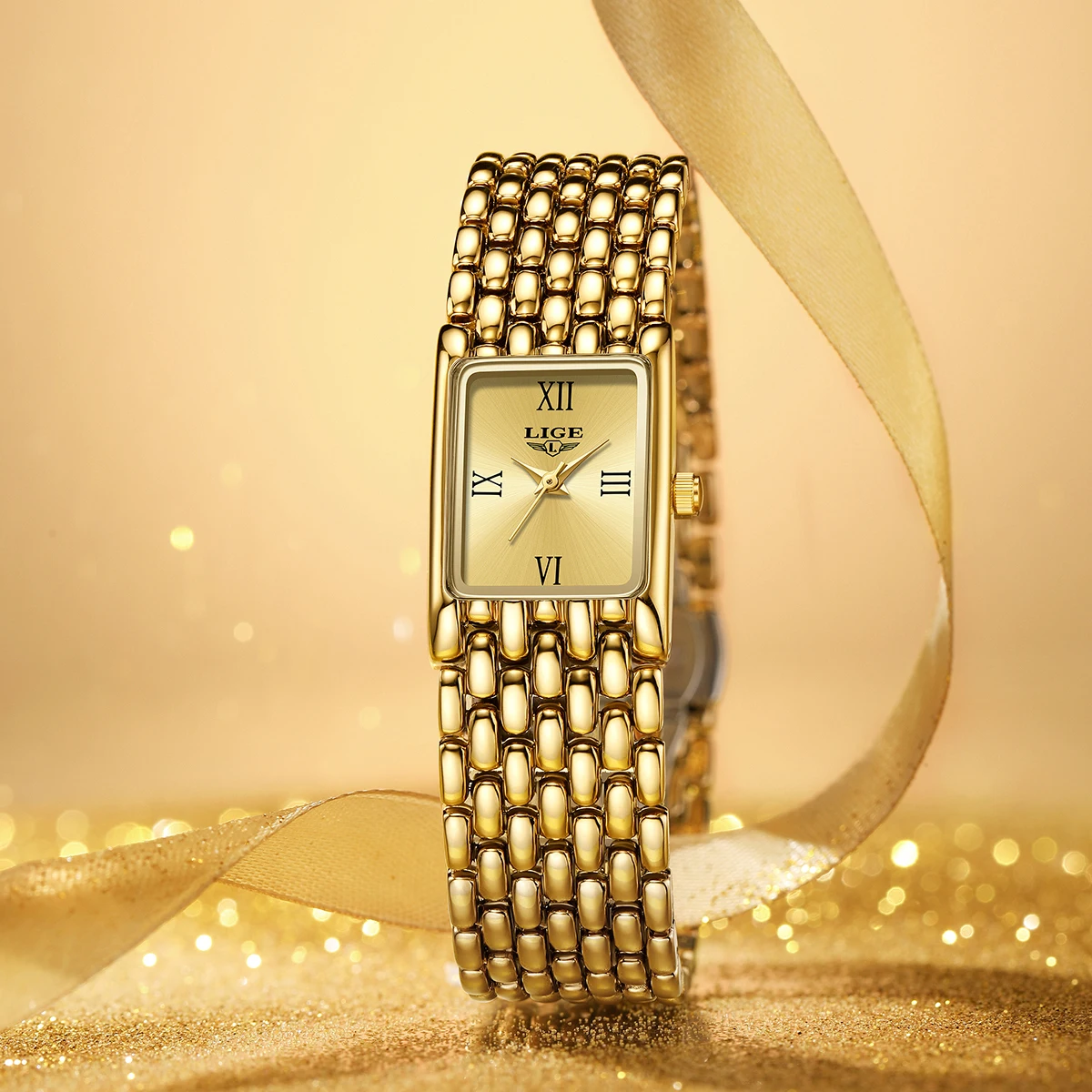 LIGE Gold Watch for Women Square Ladies Quartz Wristwatches Stainless Steel Women Small Gold Watch Luxury Casual Fashion Watch 2