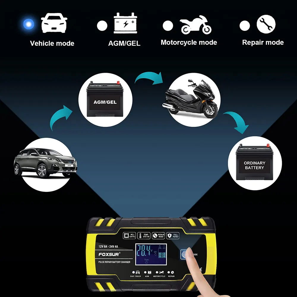 Pro Car Battery Charger 12/24V Touch Screen Pulse Repair LCD Battery Charger For Car Motorcycle Lead Acid Battery Agm Gel Wet