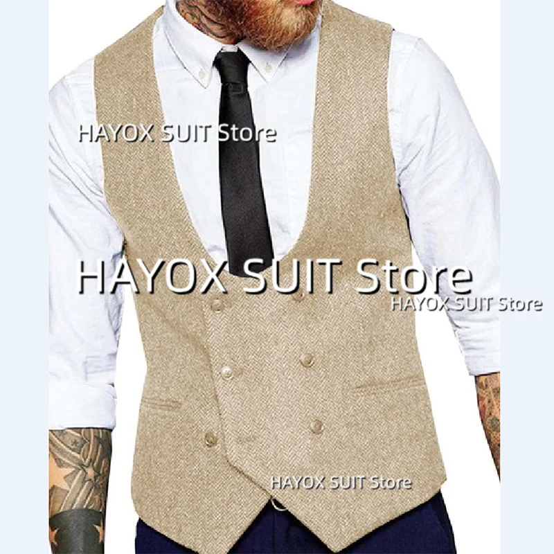Men's Slim Fit Suit Vest Double Breasted Herringbone Tweed Tank TopSleeveless Jackets Vintage Tooling Tuxedo 6
