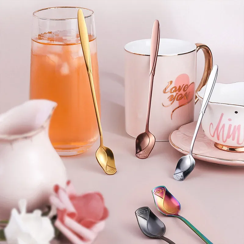 Stainless steel spoon Long Handle Teaspoon Stainless Steel Rose Mixing Spoon Unusual Teaspoons for Dessert Honey Salad Tea Coffee Spoons New Year Gift
