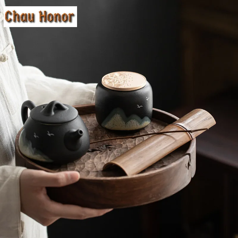 230ml Japanese Style Distant Hills Coarse Ceramic Tea Can Sealed Box Ceramic Mini Portable Moisture Proof Storage Pot Tea Items