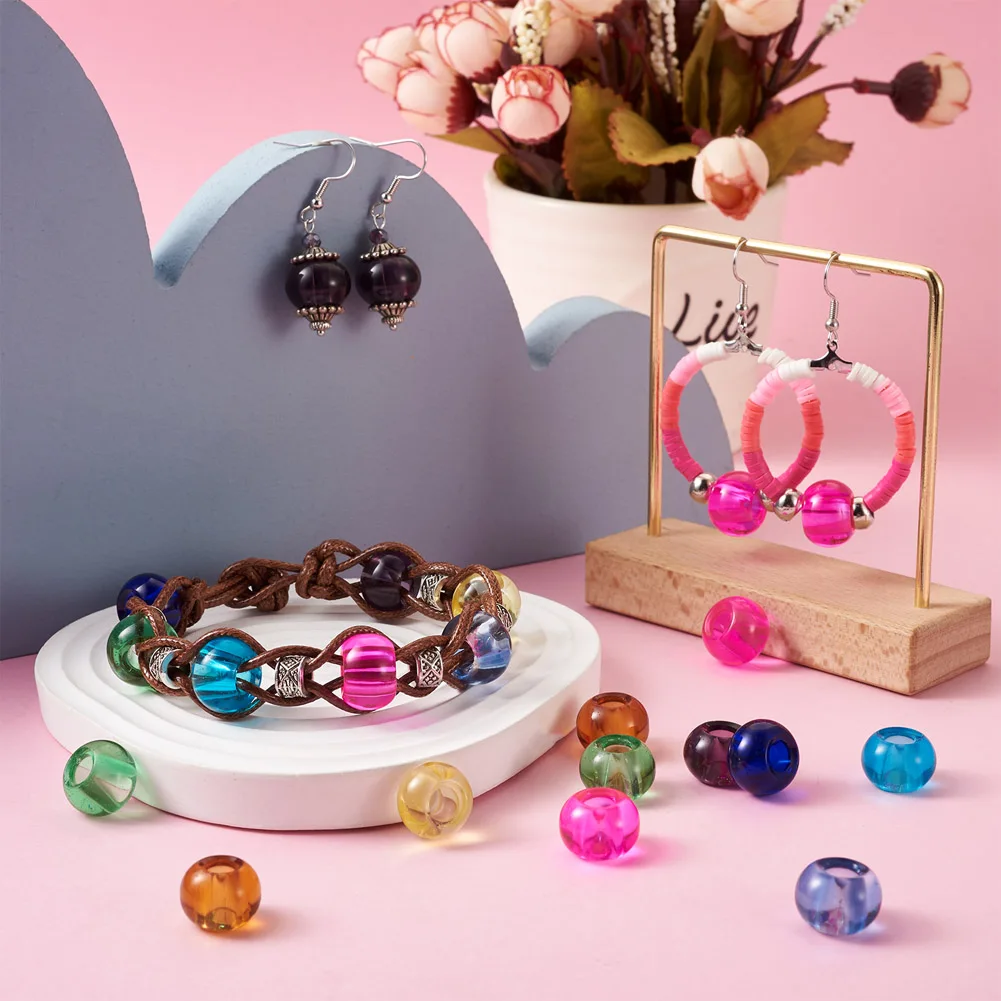 Kissitty 100Pcs Mixed Color Rondelle Shape Transparent Glass European Beads Big Hole Beads For Bracelet Jewelry Making Gift