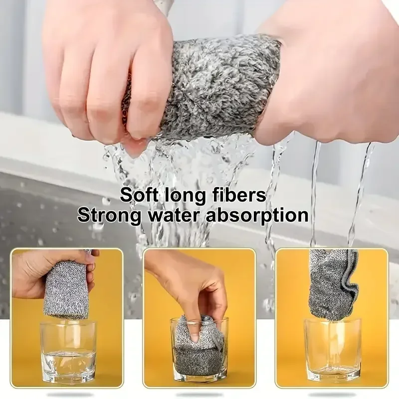 5/10pcs Gray Bamboo Charcoal Thickened Super Absorbent Dishcloth Oil Resistant Kitchen Wipes Microfiber Cleaning Cloths