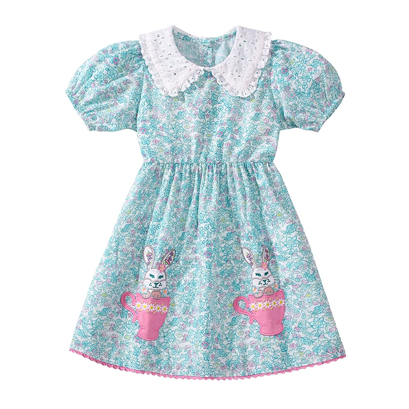 Baby Girls 2025 New Summer Kids Clothes Children's Clothing Embroidered Cartoon Rabbits Flowers Dresses 2-7 Years