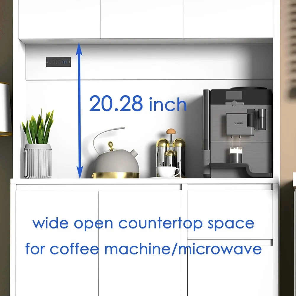 71" Tall White Kitchen Pantry Cabinet,Kitchen Pantry Storage Cabinet with Power Outlet,Freestanding Kitchen Hutch w/ countertop 3