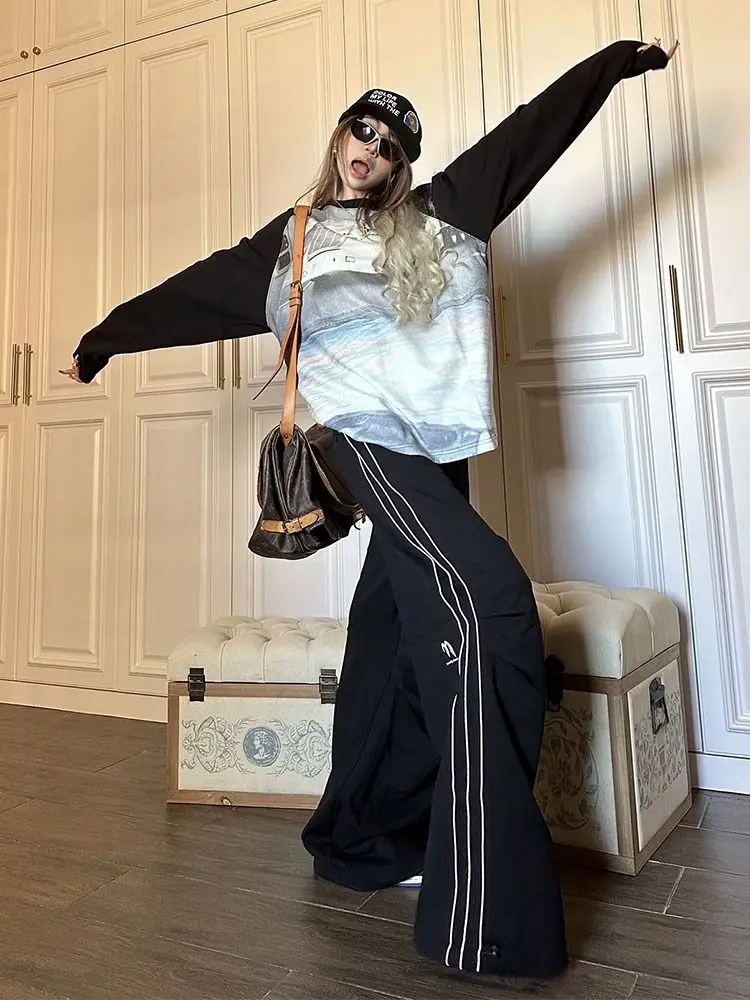 HOUZHOU Black Striped Women Sweatpants Wide Leg Casual Oversized Trousers Korean Style Fashion Sports Pants Baggy High Waist