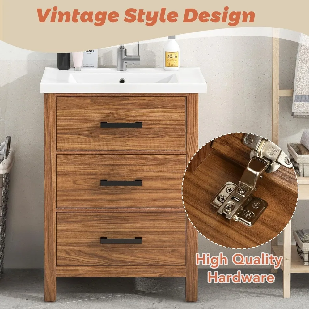 24" Bathroom Vanity with Sink,Bathroom Vanity with a Tip-Out Drawer and Two Pull- Out Drawers, Freestanding Single Sink , Wood 4