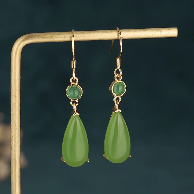 

Green Artificial Jade Ethnic Chinese Vintage Teardrop Dangle Drop Hook Earrings For Women Exquisite Niche Earring Jewelry