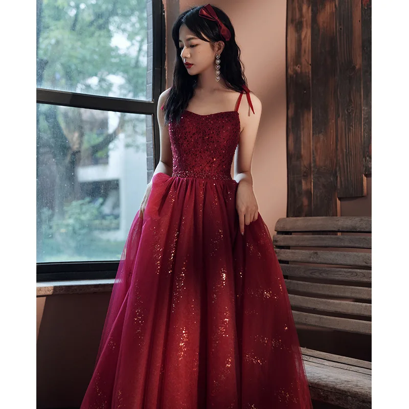 

Burgundy Spaghetti Strap Evening Dress BlingBling Classic Tulle Prom Gown Elegant Lace Up Backless Long Cocktail Party Vestido