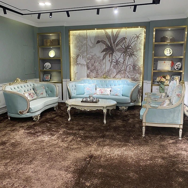 

European style cloth sofa living room 123 combination luxury villa sofa solid wood carving can be disassembled and washed