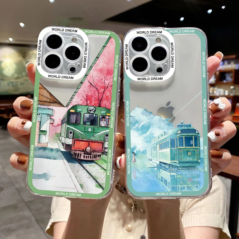 Japanese Anime Tram Sakura Clear Phone Case for iPhone 11 7 8 Plus SE2020 14 13 12 Pro Max X XR XS Street View Transparent Cover