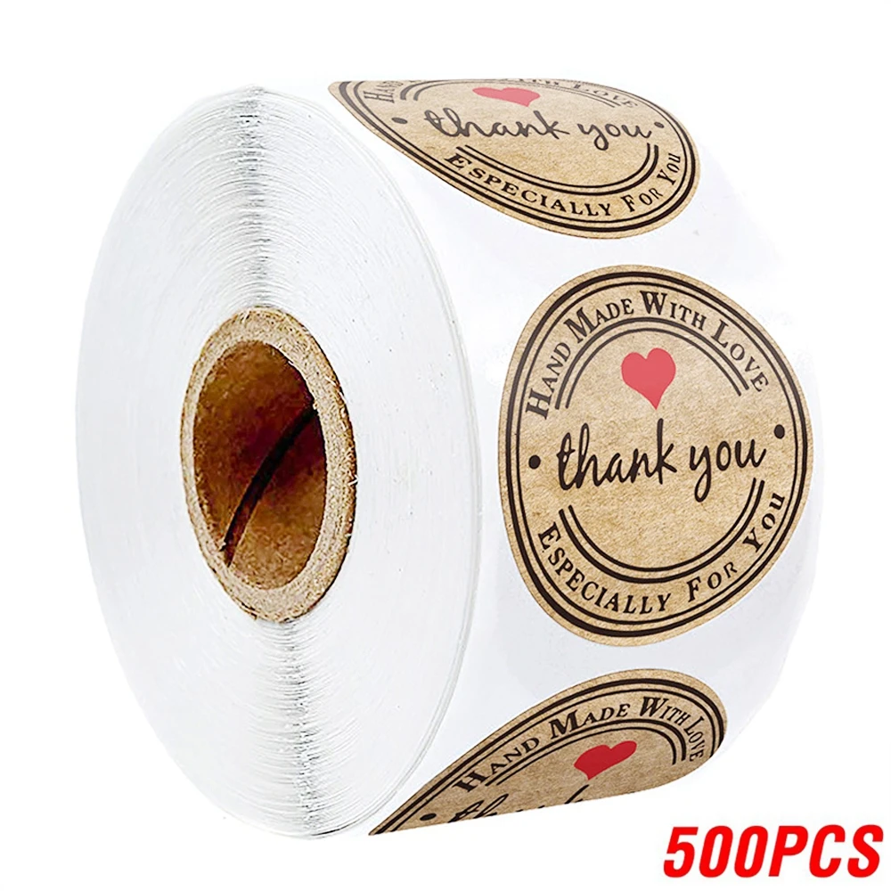 1in Natural Kraft thank you Stickers Heart shape seal labels 50-500pcs stickers scrapbooking for Package stationery sticker 