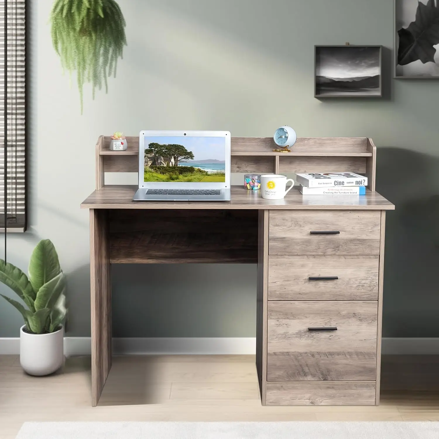 Grey Computer Desk with Drawers ＆ Hutch, Modern Home Office Desks with Storage for Kids Students Teens Small Wood Table for Work