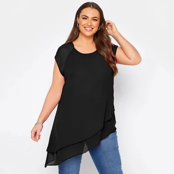 Plus Size Asymmetrical Elegant Summer Chiffon Blouse Women Short Sleeve Layered Hem Casual Tunic Tops Women Large Size Clothing