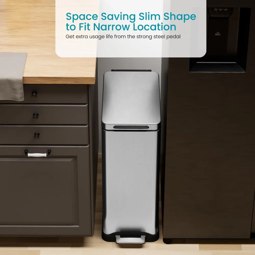 12 Gallon Slim Kitchen Trash Can with Slow Close Lid and Step Pedal, Stainless Steel, Silver, 45 Liters