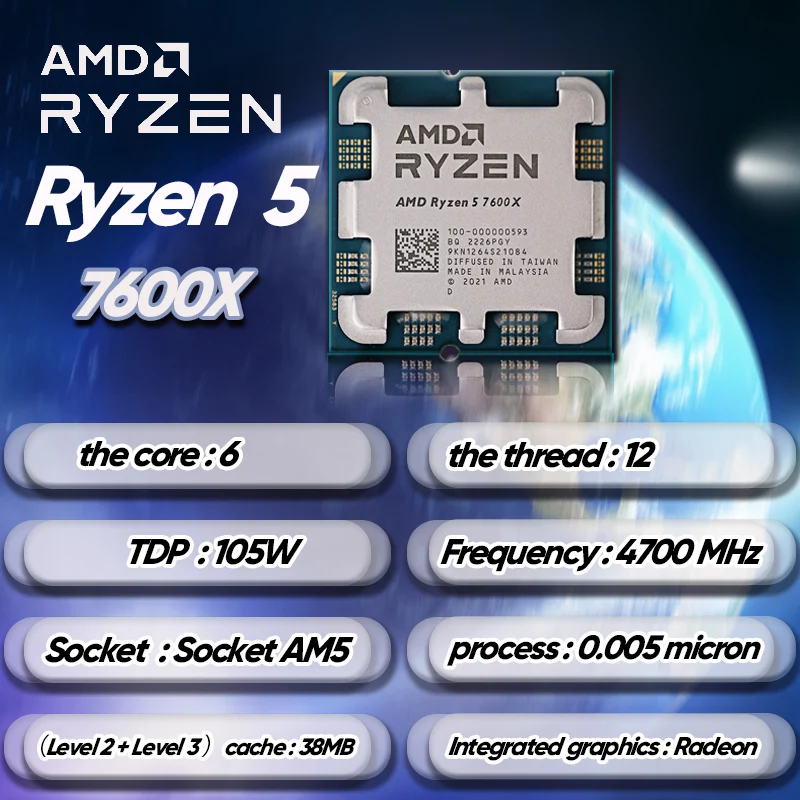 AMD Ryzen 7600X 3.8 GHz 6-Core 12-Thread CPU Processor 5NM L3=32M