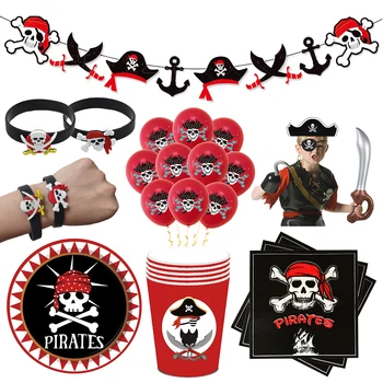 Pirate party napkins plates cups Tablecloths Banner Pirate skull balloon kids Caribbean Pirate themed birthday party decoration