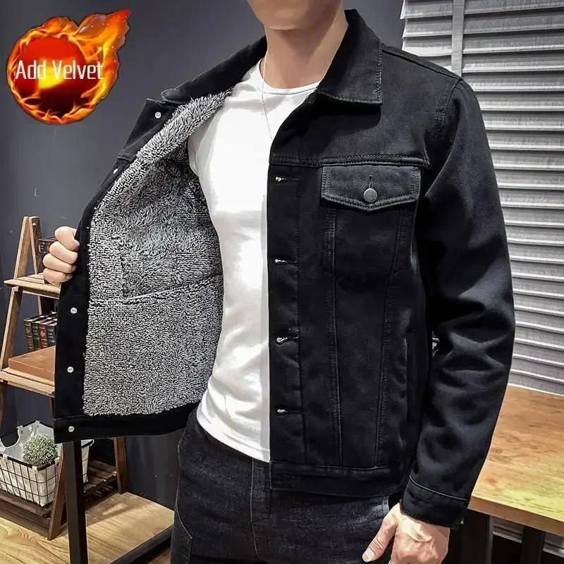 Chaqueta vaquera con botones de lana de oveja para hombre, acolchada, de otoño, color negro, cálida, Y2k, para invierno, de gran tamaño, a la moda, talla LG