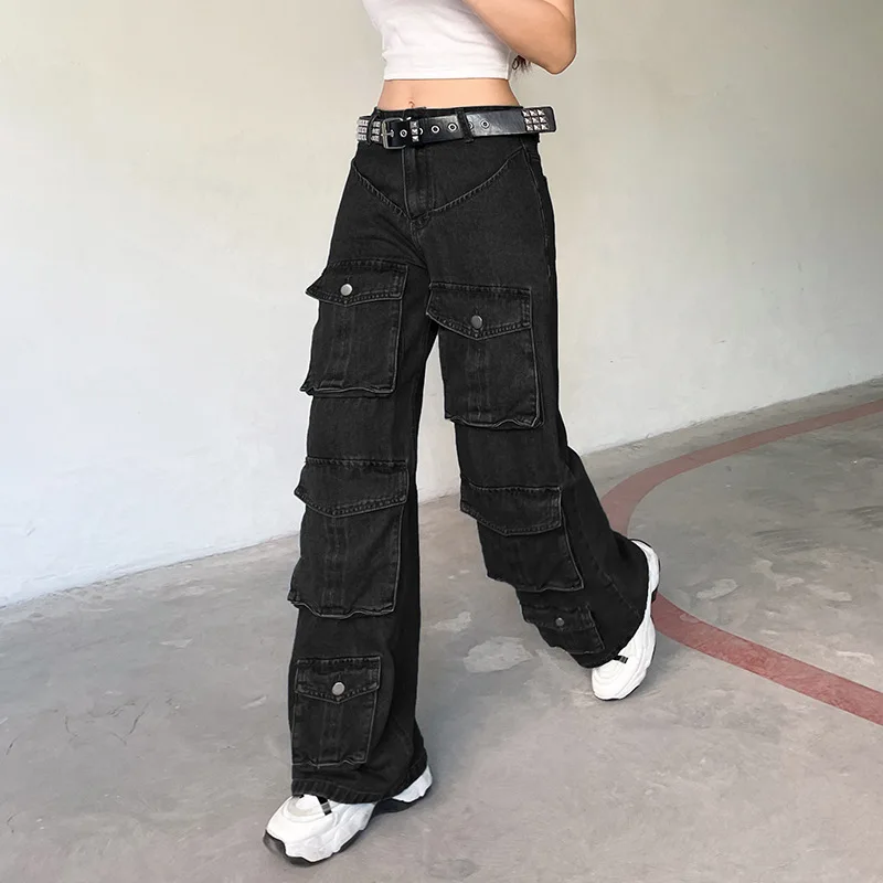 

Y2K Cargo Wide Leg Mom Jeans Women 90s Big Pocket Vintage Hip Hop Punk Mopping Pants Casual Streetwear Boyfriend Denim Jeans