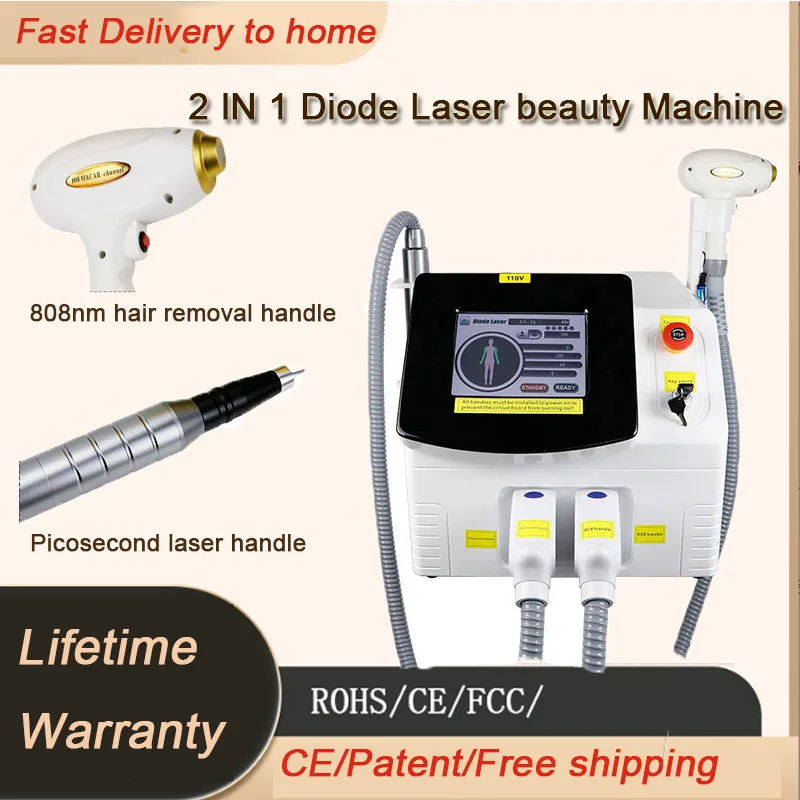 

2in1 808 Diode Laser Permanent Hair Removal Switched Nd Yag 755nm Picosecond Laser Tattoo Removal Pigment Point Removal Machine