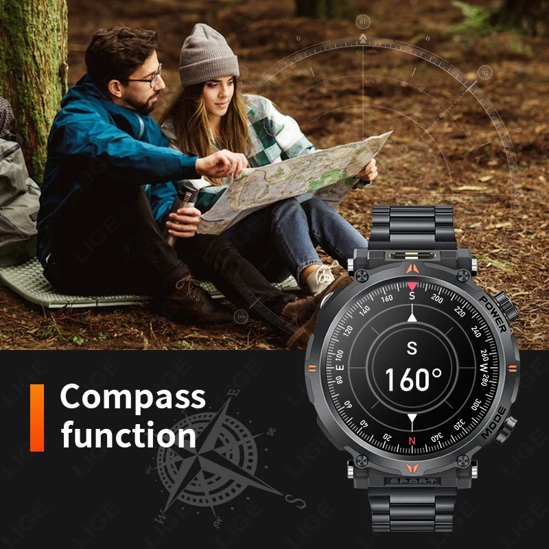 LIGE 2025 Military Smartwatch Men IP68 Bluetooth Call Outdoor Sports Fitness Track 600Mah LED Light Smartwatch For Android IOS