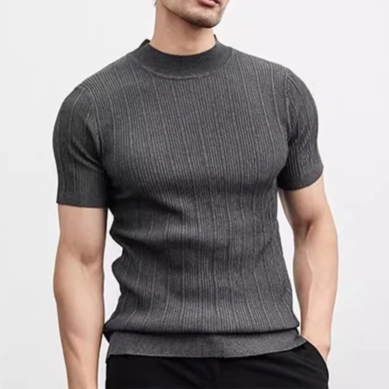 

Knitwear Mens T-shirts Slim Mock Neck Short-sleeved Sweater Tops Men New Casual Solid Color Knit Jumper T Shirt Male Streetwear