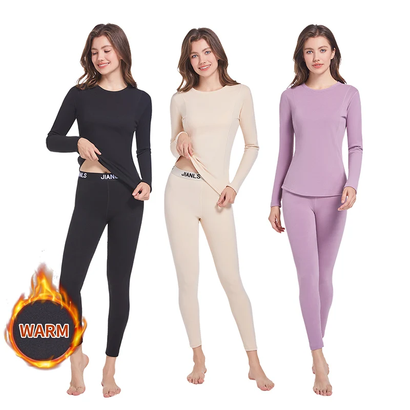 2-piece Autumn/Winter Women's Solid Color Simple Warm Underwear Set Comfortable Round Neck Long Sleeve Elastic Waist Pants Large