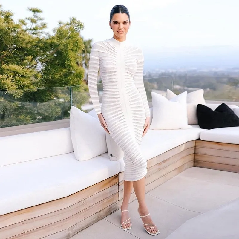 

2023 Fashion Women Solid Knitted Slim Long Dress Sexy High Neck Short Sleeve High Waist Pleated Female High Street Robes