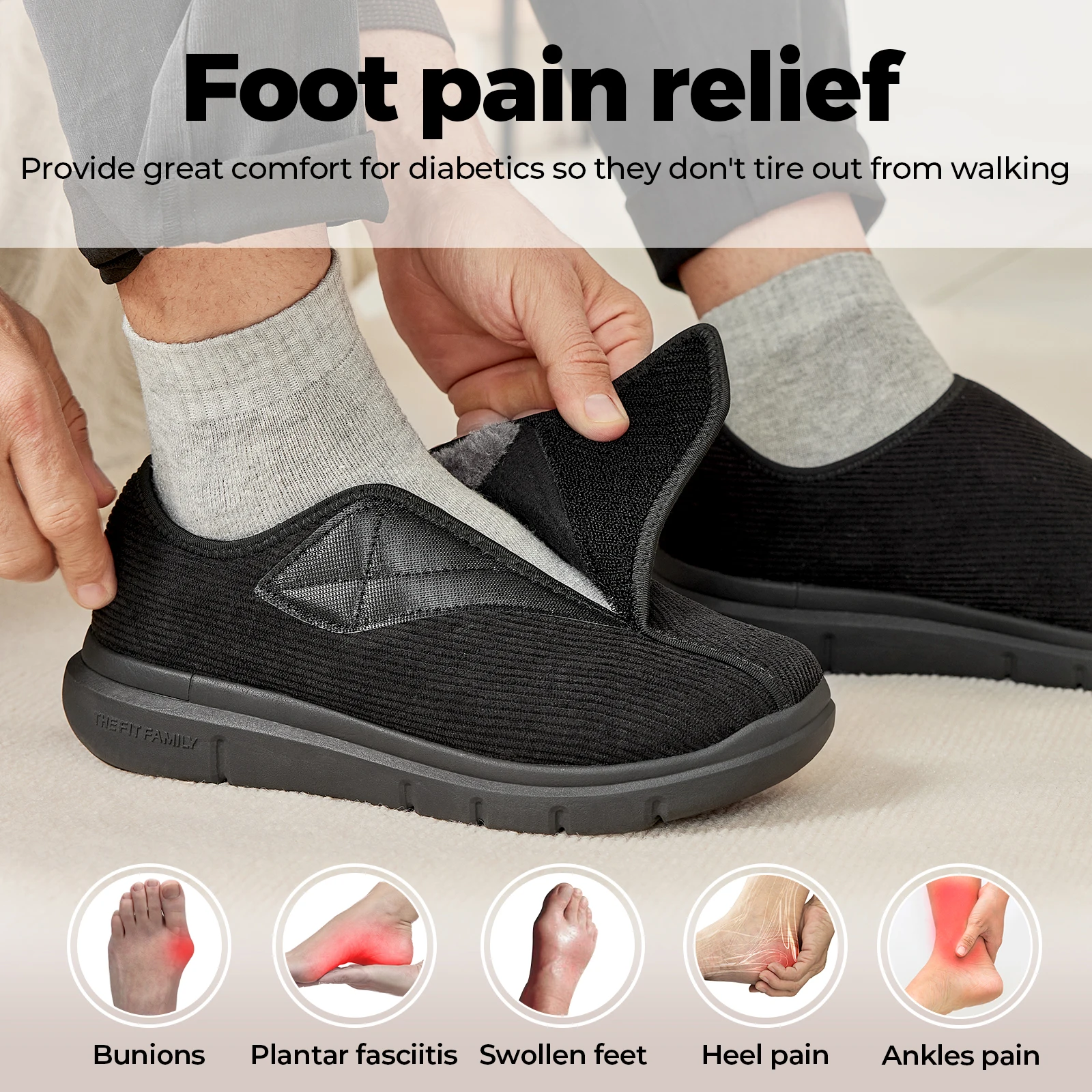Fitville Plush Home Shoes For Men Winter Cotton Diabetics Shoes Widened Adjustable Strap Winter Shoes Warm Thick Non-Slip 2