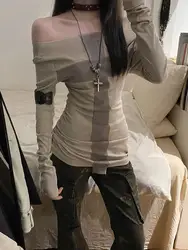 Seeslim Women's Off Shoulder Long Sleeve T-shirt - Y2K Korean Fashion Slim Fit Autumn Top - M (Khaki)