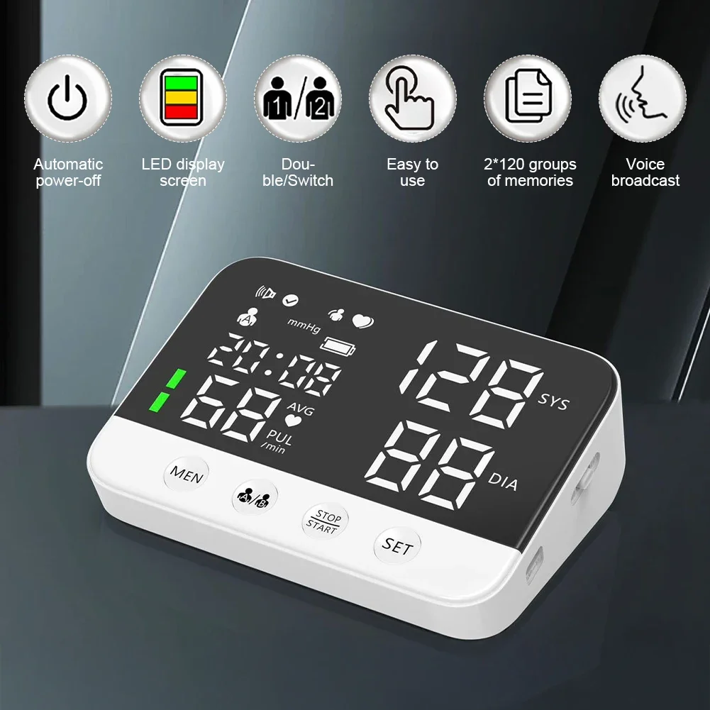 Home Upper Arm Blood Pressure Monitor Machine Cuff Digital LED Display Voice Broadcasting Automatic BP Machine Pulse Meter